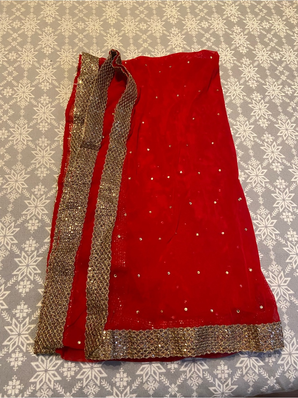 Indian Red Net Dupatta Scarf Gemstones Throughout Gold Boarder Shawl Stole Wrap